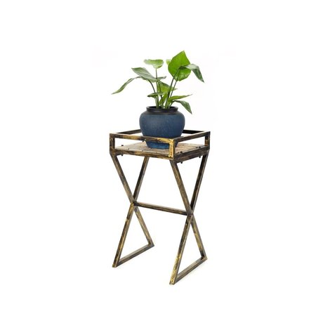 GREENGRASS 27 in. Gray Stone Slab Black & Gold Metal Plant Stand GR2629580